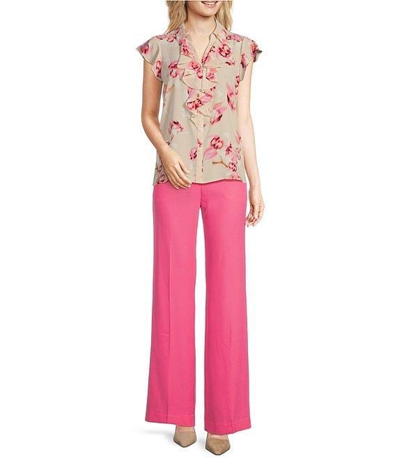 Calvin Klein Floral Flutter Sleeve Collared Ruffle Button Front Blouse Product Image