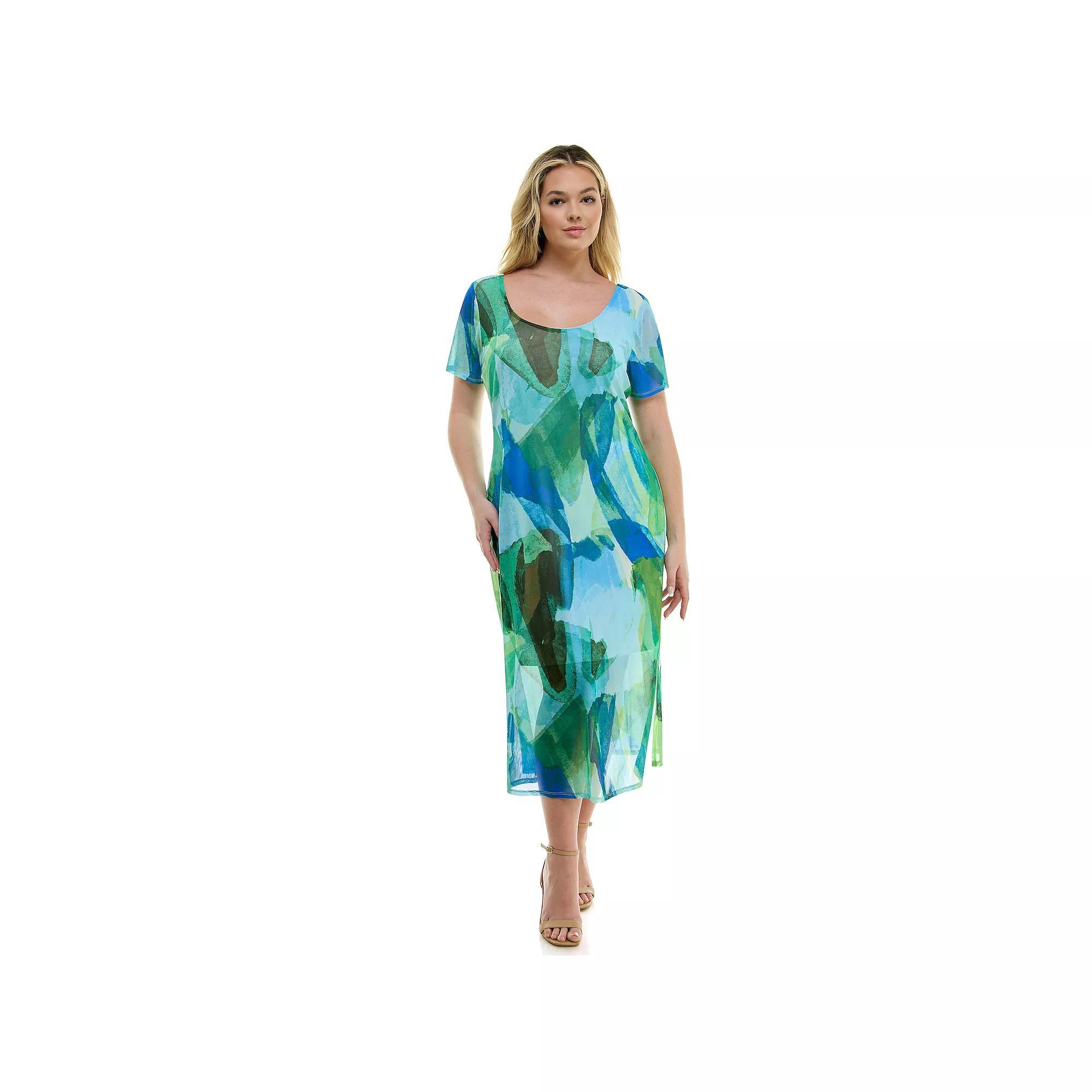 Juniors' Plus Size As U Wish Mesh Scoop Neck Side Slit Bodycon Midi Dress, Women's, Size: 1XL, Ivory Blue Green Product Image