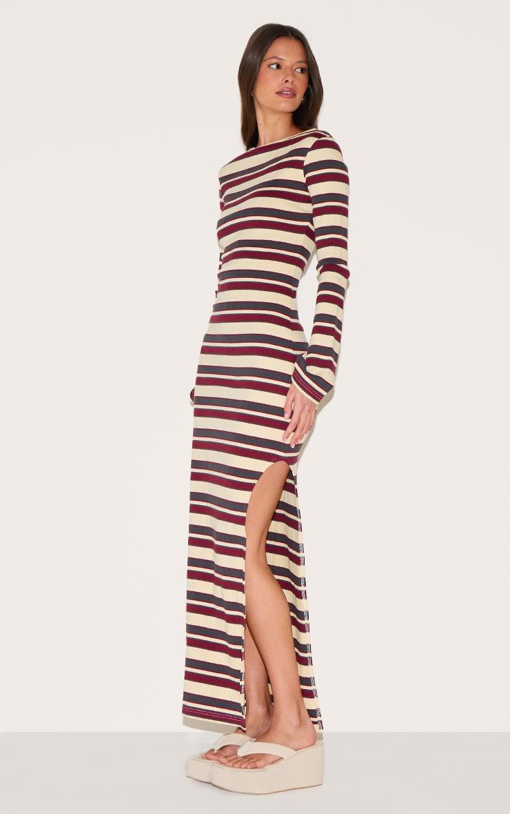 Burgundy Striped Boat Neck Long Sleeve Bodycon Dress Product Image