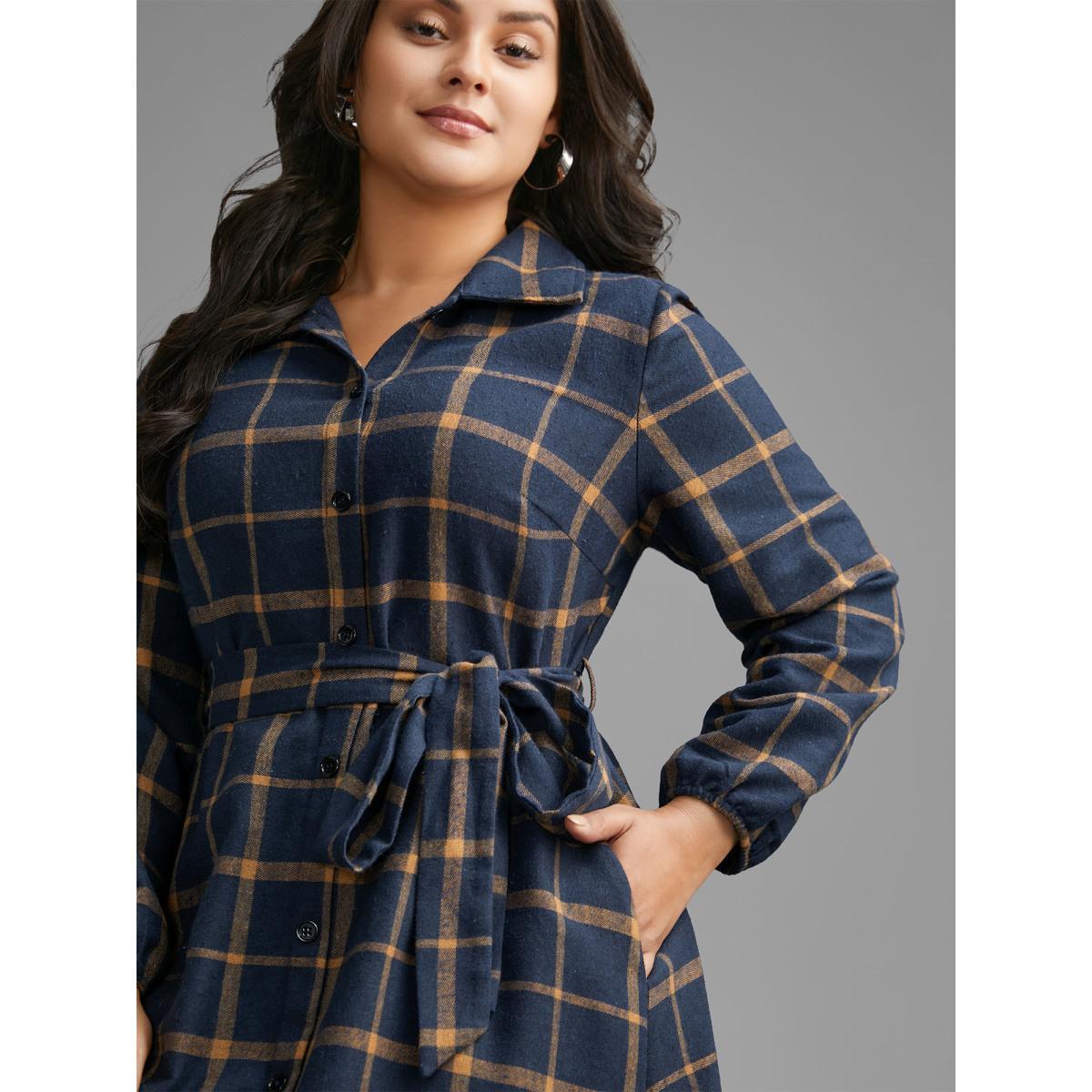 Plus Size Plaid Button Through Belted Dress DarkBlue Women Casual Belted Shirt collar Long Sleeve Curvy BloomChic 12/L Product Image