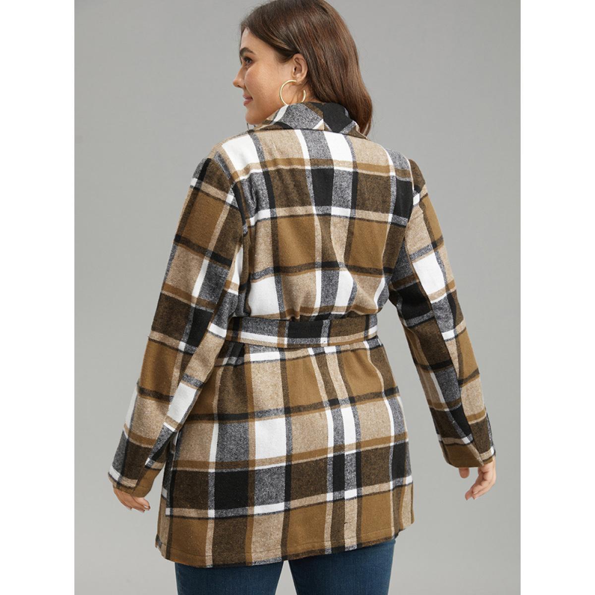 Plus Size Plaid Contrast Belted Lapel Collar Coat Women Tan Casual Belted Ladies Dailywear Winter Coats BloomChic 10/M Product Image