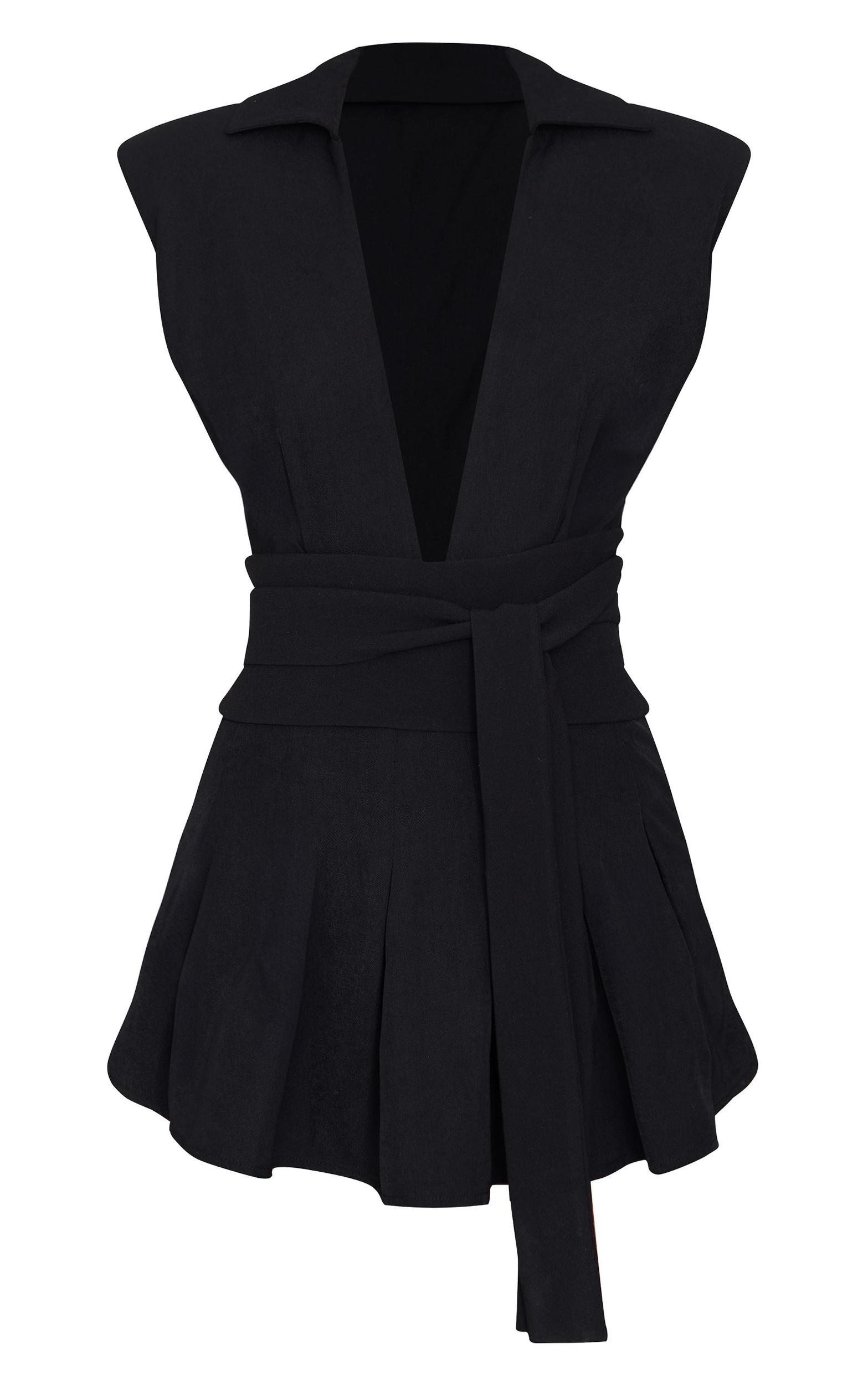 Black Woven Shoulder Pad Sleeveless Skort Romper Product Image