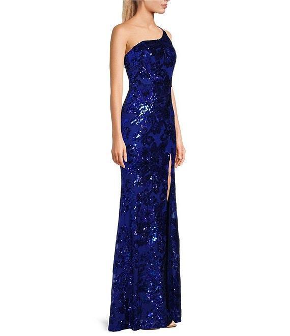 Midnight Doll One Shoulder Floral Sequin Pattern Front Slit Dress Product Image
