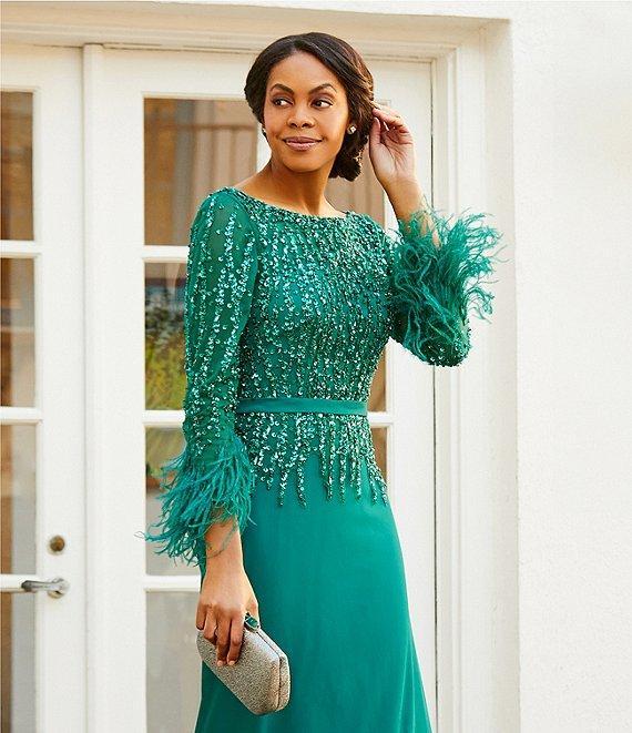 Terani Couture Cascade Beaded Boat Neck Feather Cuff Sleeve Belted A-Line Gown Product Image
