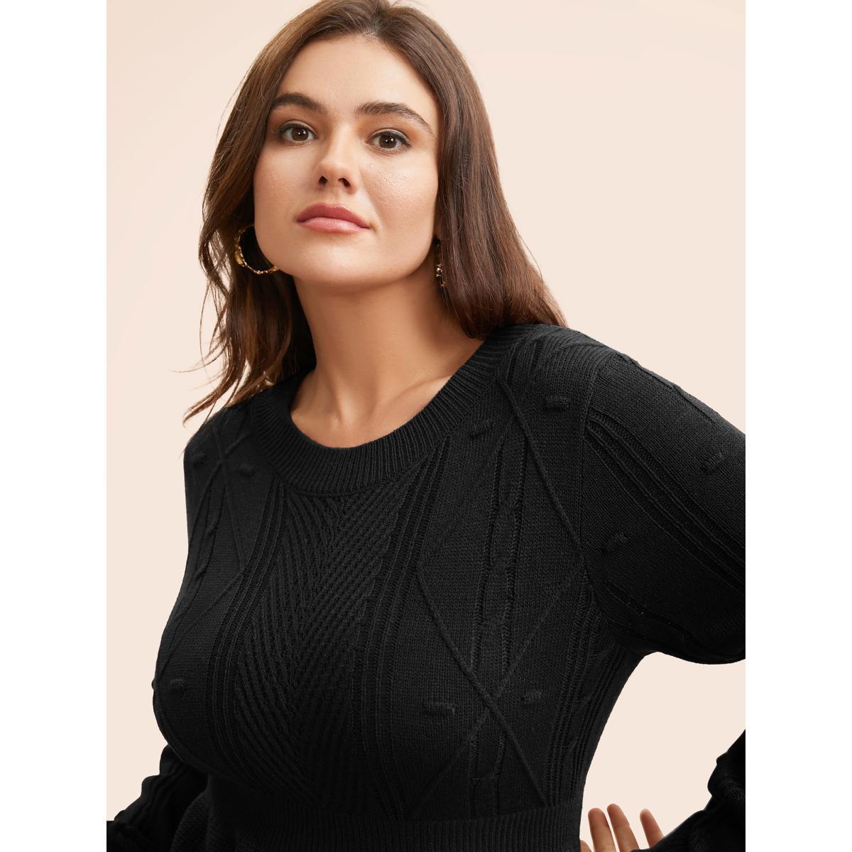 Plus Size Plain Textured Scalloped Trim Pullover Black Women Casual Bodycon Long Sleeve Round Neck Everyday Pullovers BloomChic 10/M Product Image