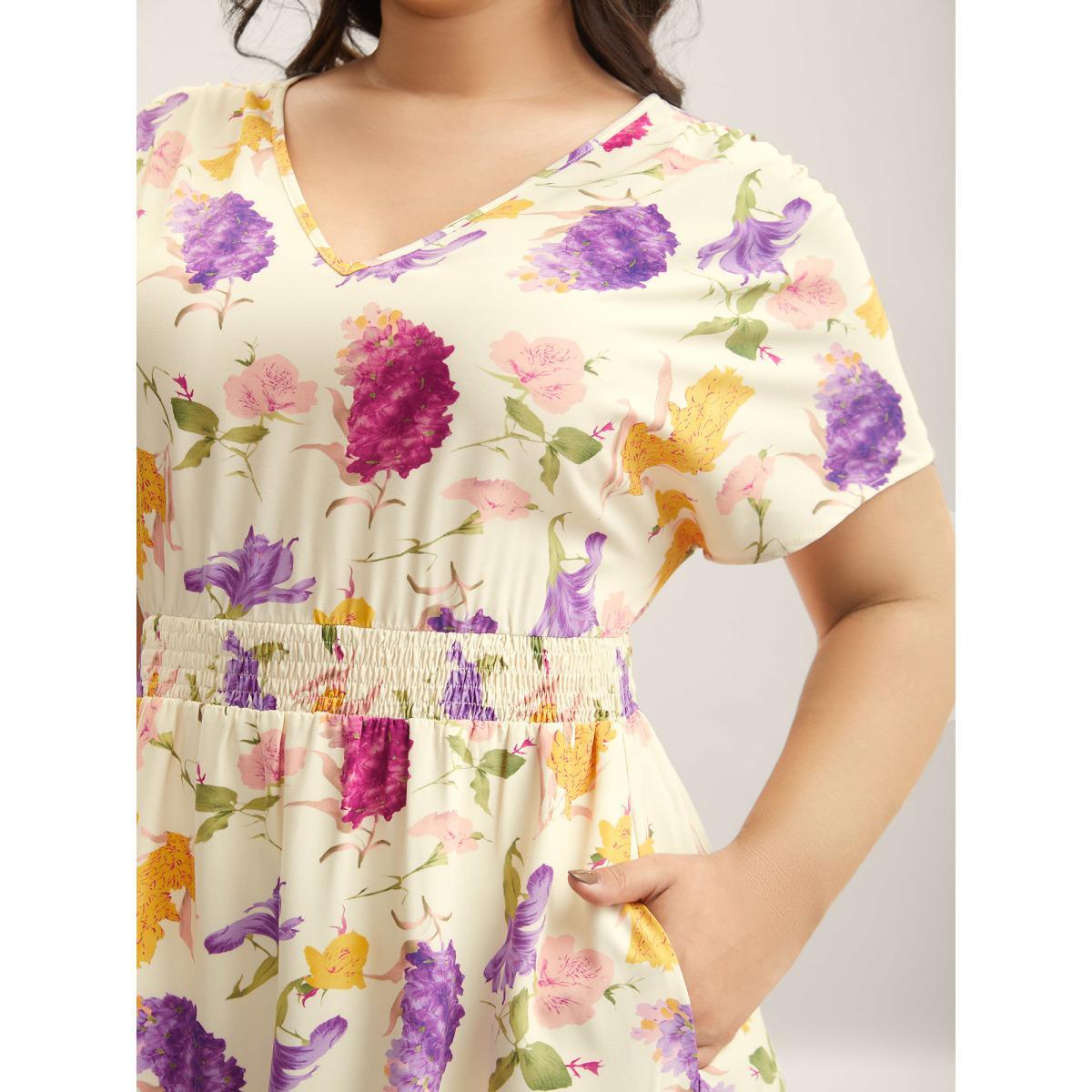 Plus Size Floral Fantasy Shirred Tiered Maxi Dress Beige Women V-neck Cap Sleeve Curvy BloomChic 28/5X Product Image