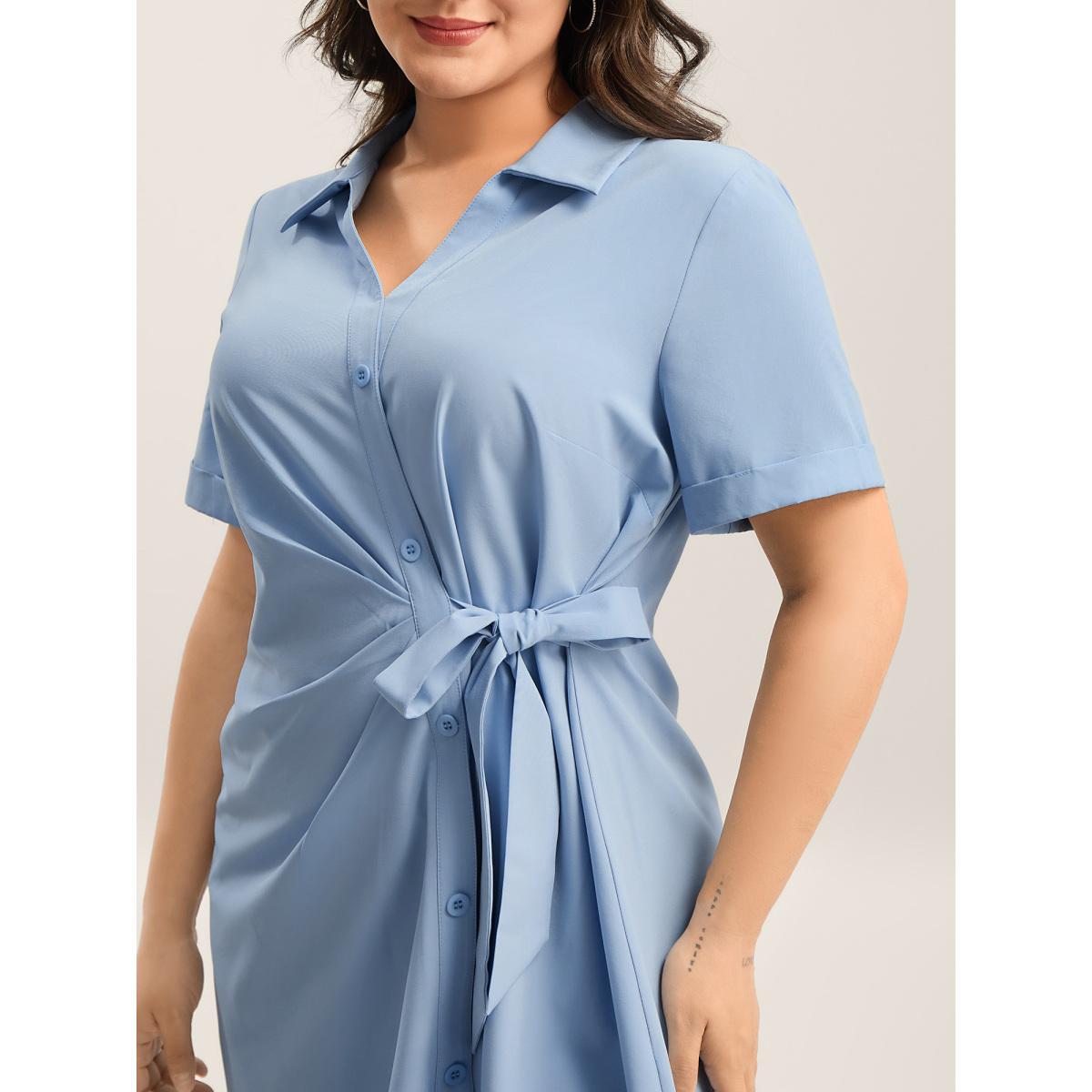 Plus Size Woven Knotted Solid Shirt Dress Stone Women Shirt collar Short sleeve Curvy BloomChic 14-16/1X Product Image