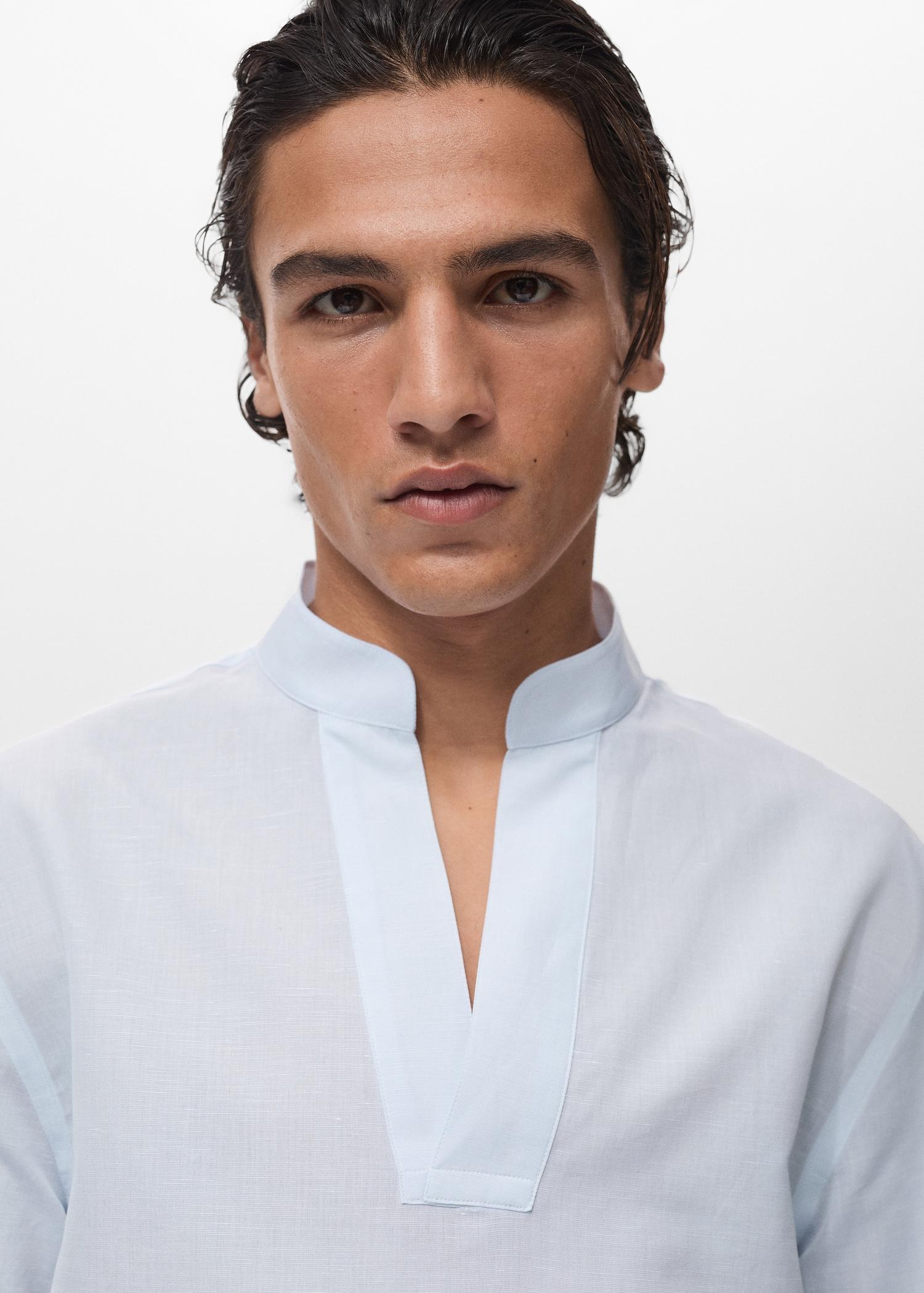 Linen-blend shirt with mandarin collar - Men | MANGO USA Product Image