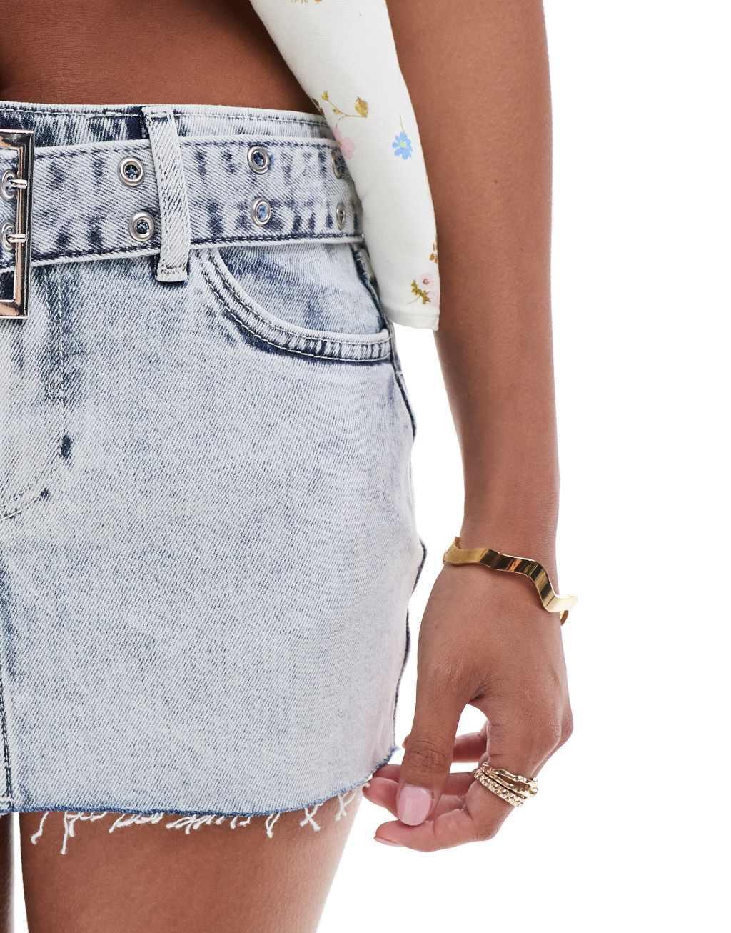 ONLY Petite mini belt denim skirt in light acid wash  Product Image