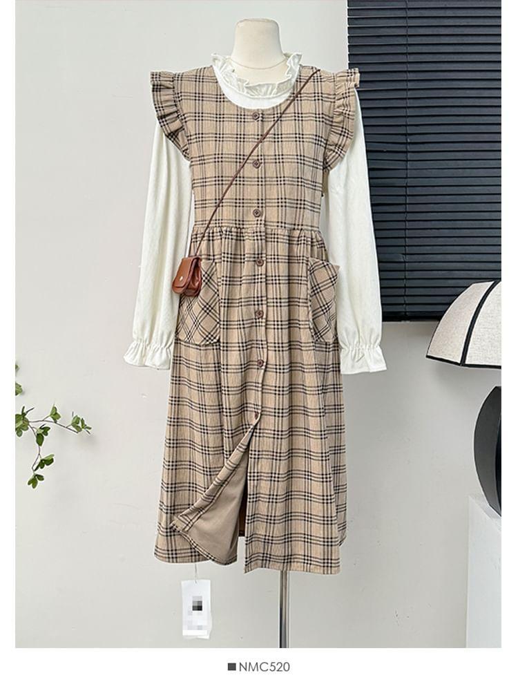 Plaid Ruffle-Trim Midi Shirtdress / Ruffled Loose Blouse Product Image