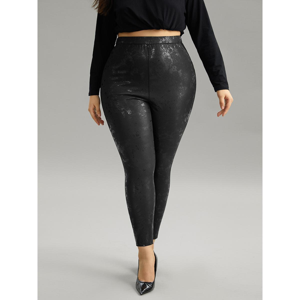 Plus Size Vintage PU Leather Glitter Skinny Leggings Women Black Party High stretch Skinny High Rise Going out Leggings BloomChic 10/M Product Image