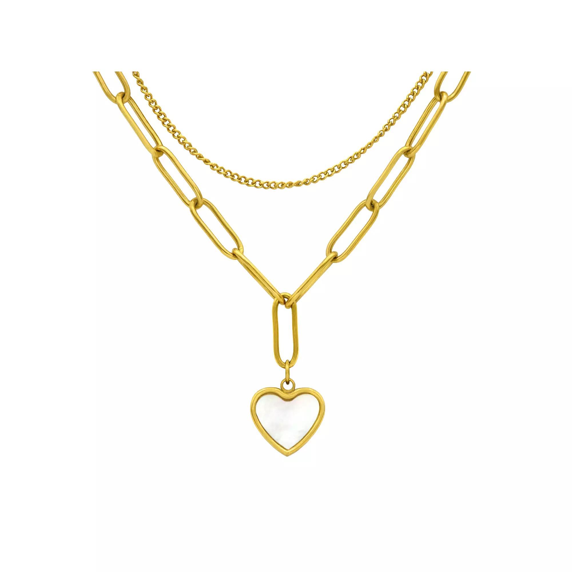 City Luxe Gold Tone Mother of Pearl Double Strand Paperclip Chain Heart Y-Necklace, Women's, Size: 16-18" ADJ Product Image