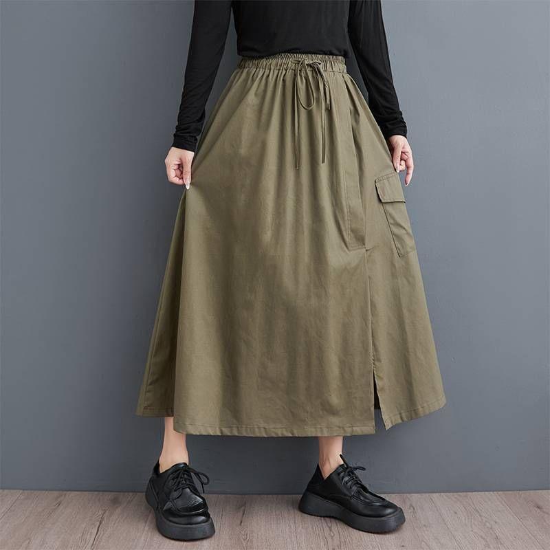 Drawstring Waist Plain Pocket Detail Maxi A-Line Skirt Product Image