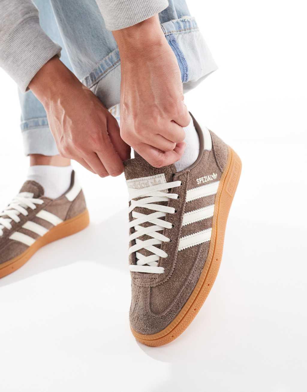 adidas Originals Handball Spezial gum sole trainers in brown and white Product Image