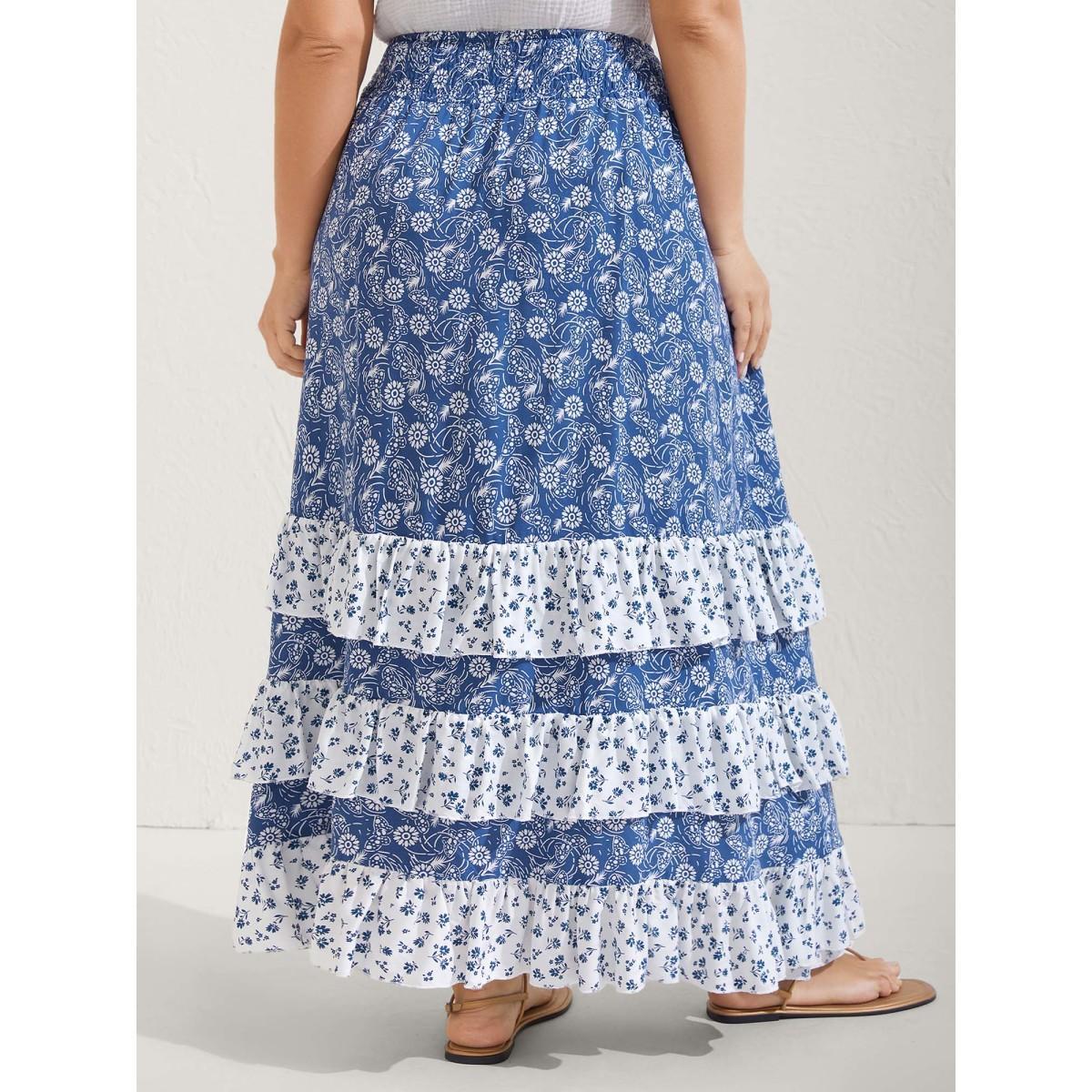 Plus Size Floral Patchwork Tiered Maxi Skirt Women Mediumblue Gathered Loose No stretch Side seam pocket Vacation Skirts BloomChic 18-20/2X Product Image