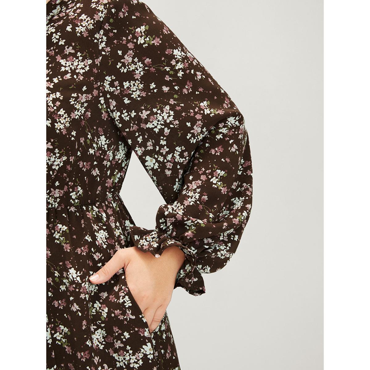 Plus Size Floral Split Pocket Lantern Sleeve Wrap Flutter Midi Dress DarkBrown Women Elegant Elastic Waist V-neck Long Sleeve Curvy Midi Dress BloomChic 14-16/1X Product Image