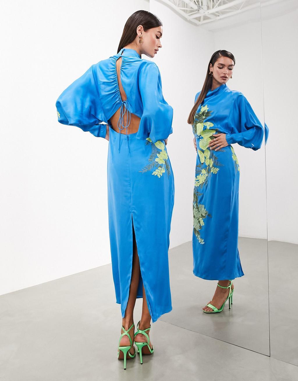 ASOS EDITION satin long sleeve embroidered midaxi dress with drawstring back Product Image