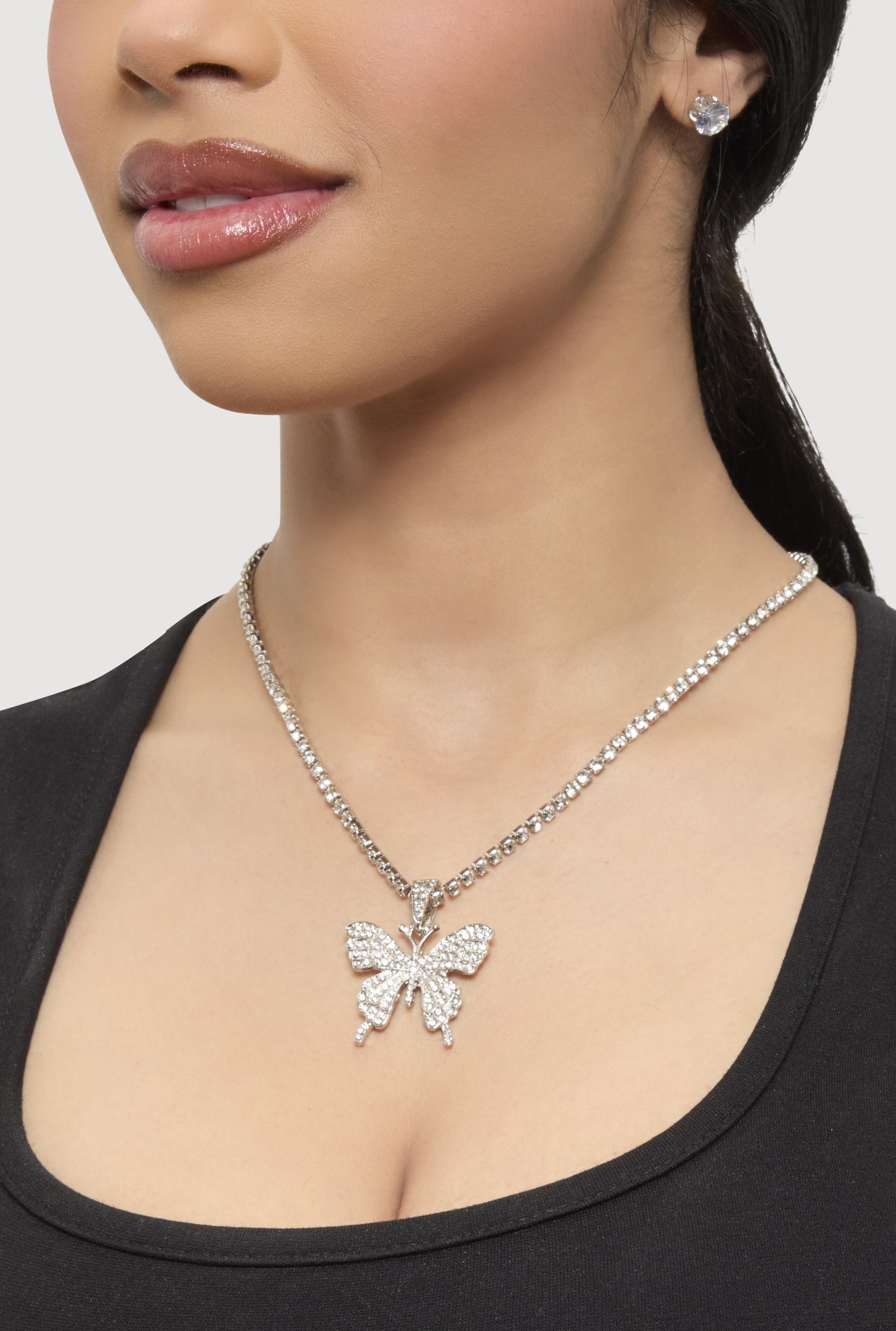 Cubic Zirconia Butterfly Necklace and Stud Earrings Female Product Image