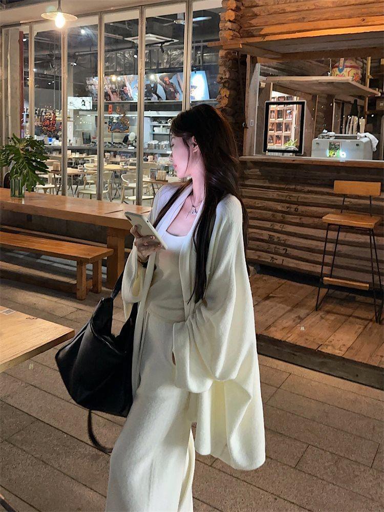 Plain Long Open Front Cardigan / Drawstring Waist Wide Leg Pants Product Image