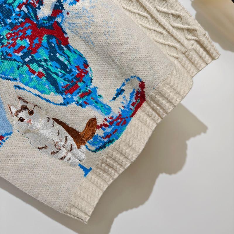 Sleeveless V-Neck Cat Flowers Cropped Sweater Vest Product Image
