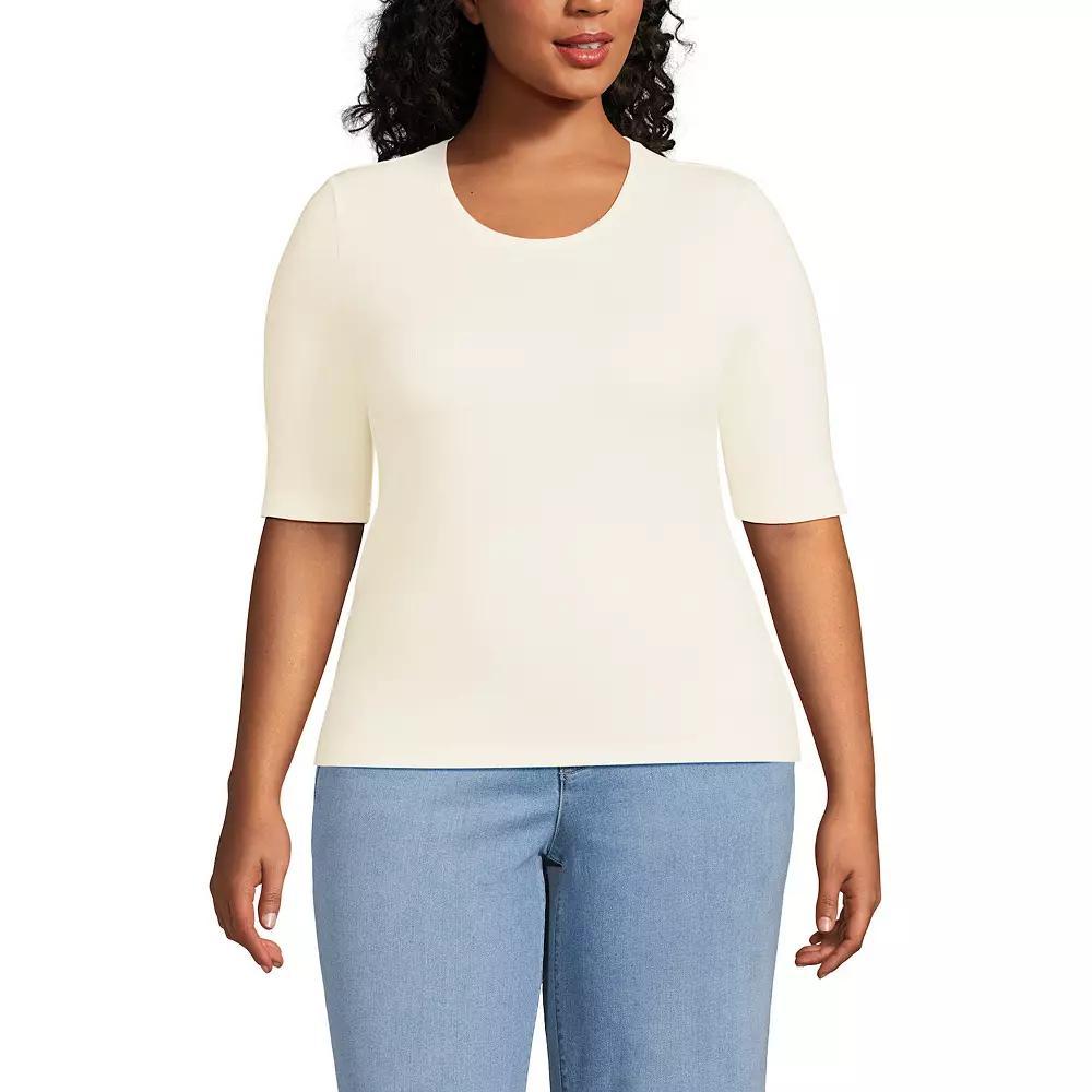 Plus Size Lands' End Elbow Sleeve Drapey Ribbed Crewneck T-Shirt, Women's, Size: 1XL, Fresh Ivory Product Image