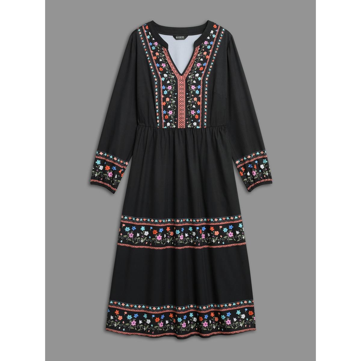 Plus Size Notched Collar Boho Print Midi Dress Black Women Resort Non Notched collar Long Sleeve Curvy BloomChic 28/5X Product Image