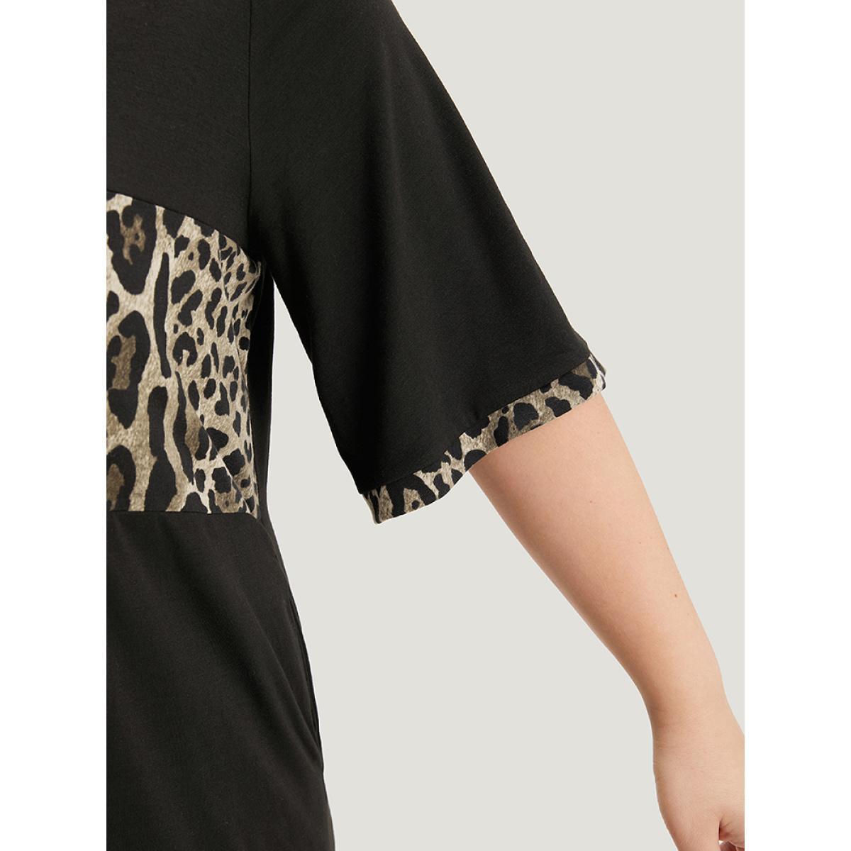 Plus Size Supersoft Essentials Leopard Print Patchwork Pocket V Neck Dress Black Women Casual Plain V-neck Short sleeve Curvy Midi Dress BloomChic 22-24/3X Product Image