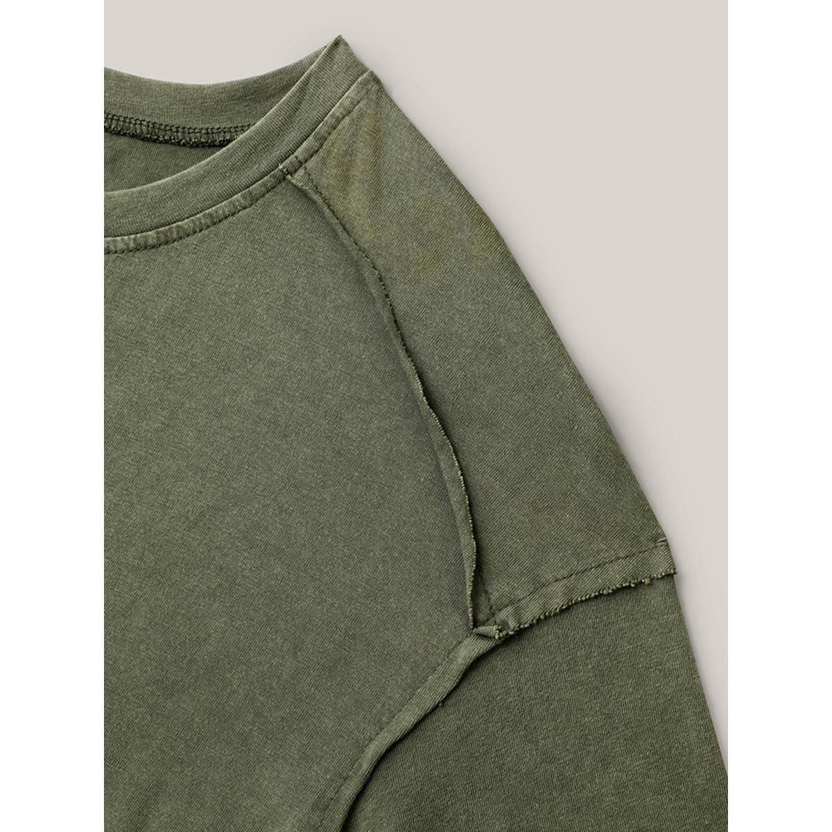 Plus Size Cotton Vintage Frayed Hem Crew Neck T-Shirt ArmyGreen Women Tucked seam Round Neck Everyday-Casual T-shirts BloomChic 18-20/2X Product Image