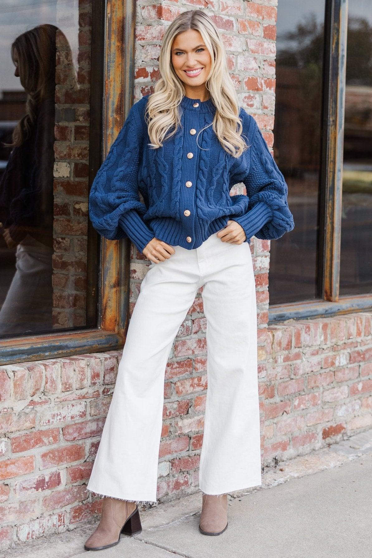 All The Good Navy Blue Cable Knit Cardigan Female Product Image