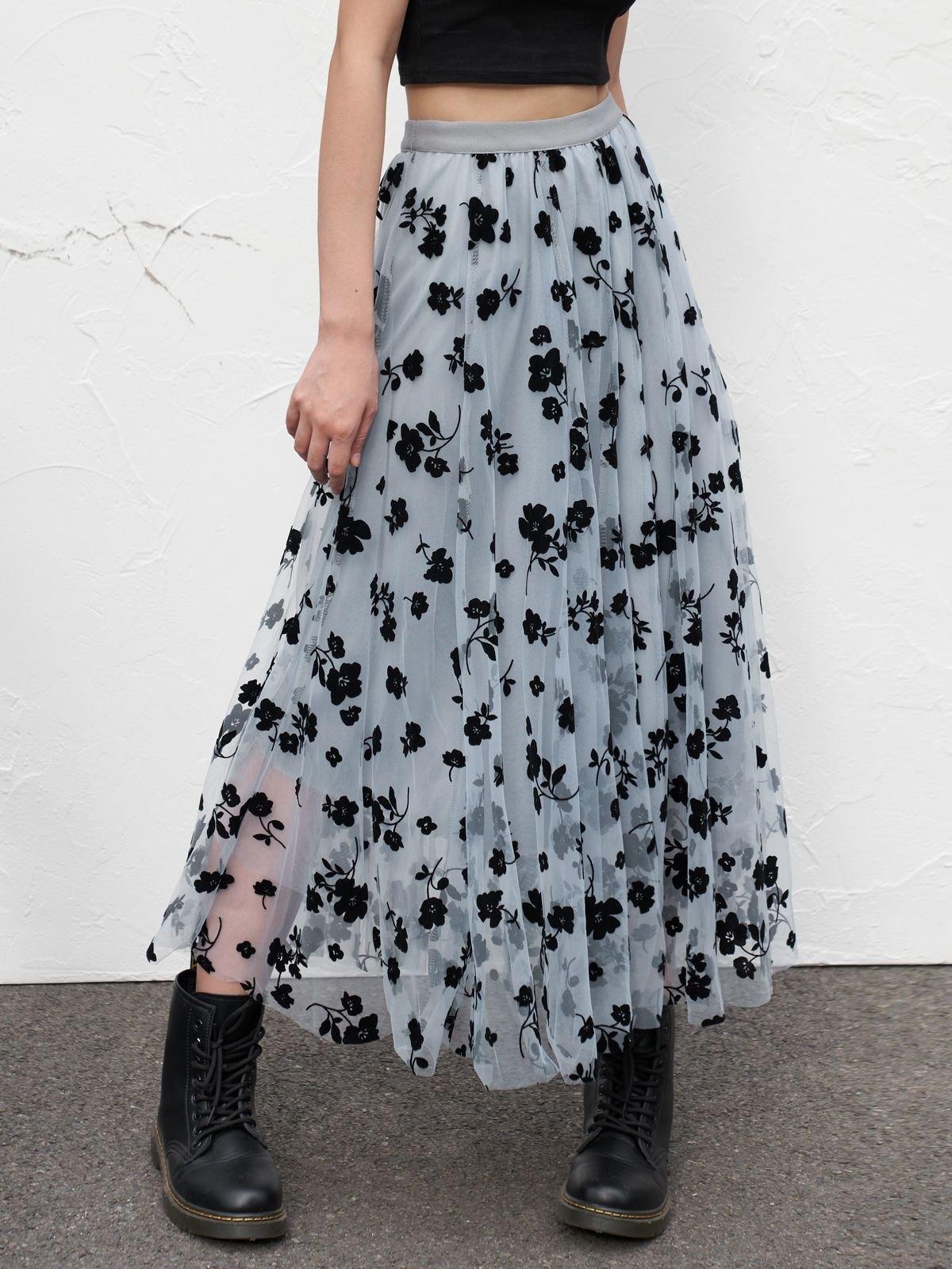 Lining Mesh Floral Midi Skirt Product Image
