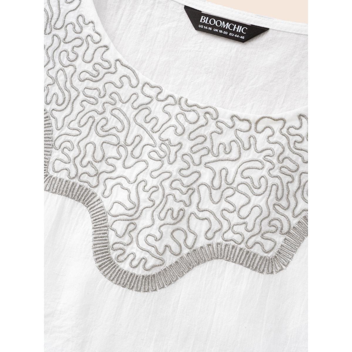 Plus Size WhiteSmoke Crew Neck Floral Embroidered Gathered Blouse Women Elegant Elbow-length sleeve Round Neck Everyday Blouses BloomChic 22-24/3X Product Image