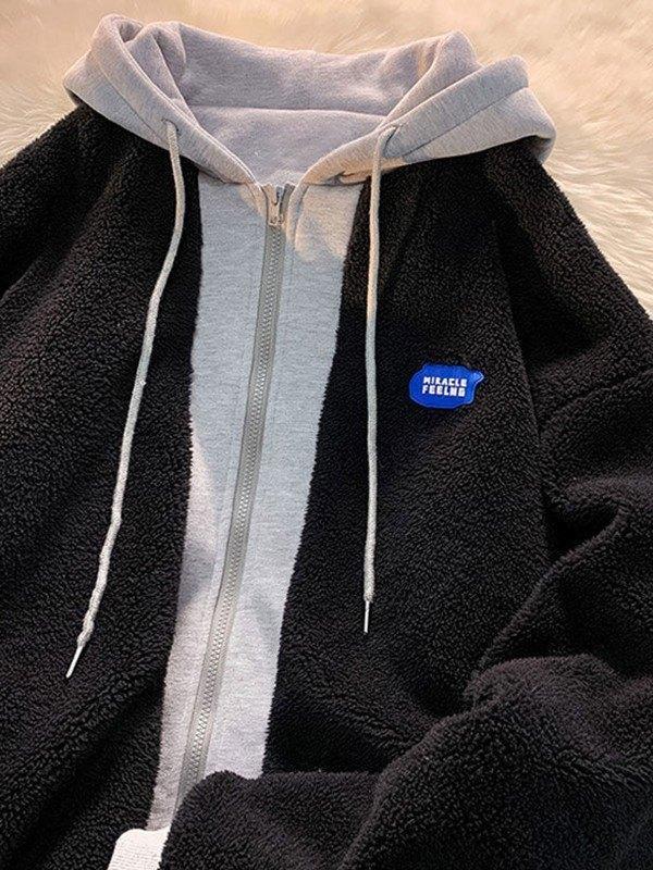 Oversized Patchwork Zip Up Fleece Hooded Jacket Product Image