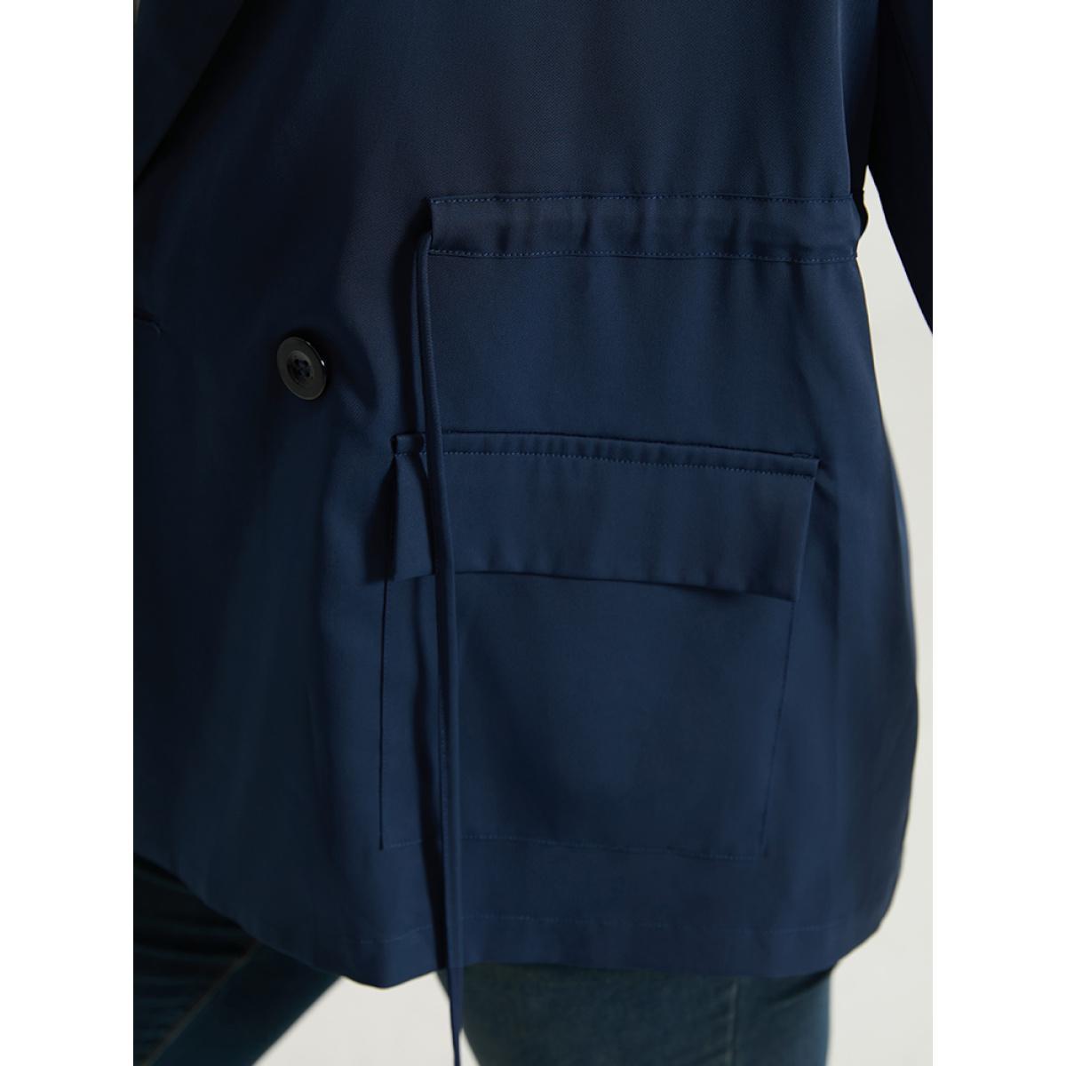 Plus Size Button Up Drawstring Pocket Blazer Indigo Women Work Plain Plain Sleeve Long Sleeve Lapel Collar 10/M Pocket At the Office Blazers BloomChic Product Image