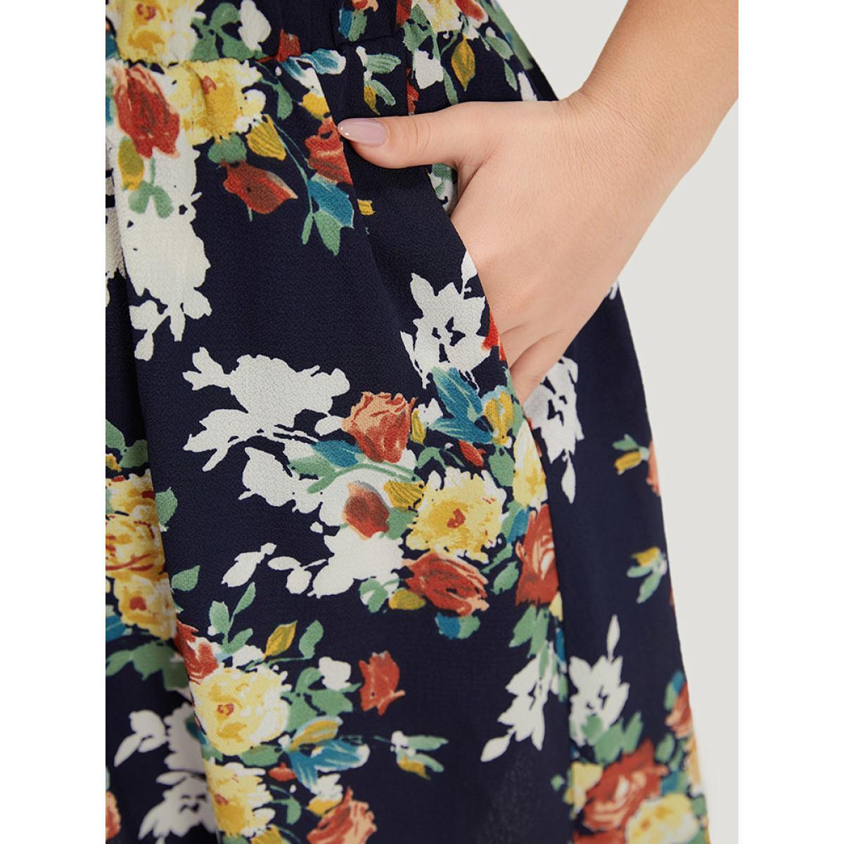 Plus Size Pixel Flower Print Ruffle Cap Sleeve Pocket Dress DarkBlue Women Elegant Elastic Waist V-neck Cap Sleeve Curvy Knee Dress BloomChic 22-24/3X Product Image