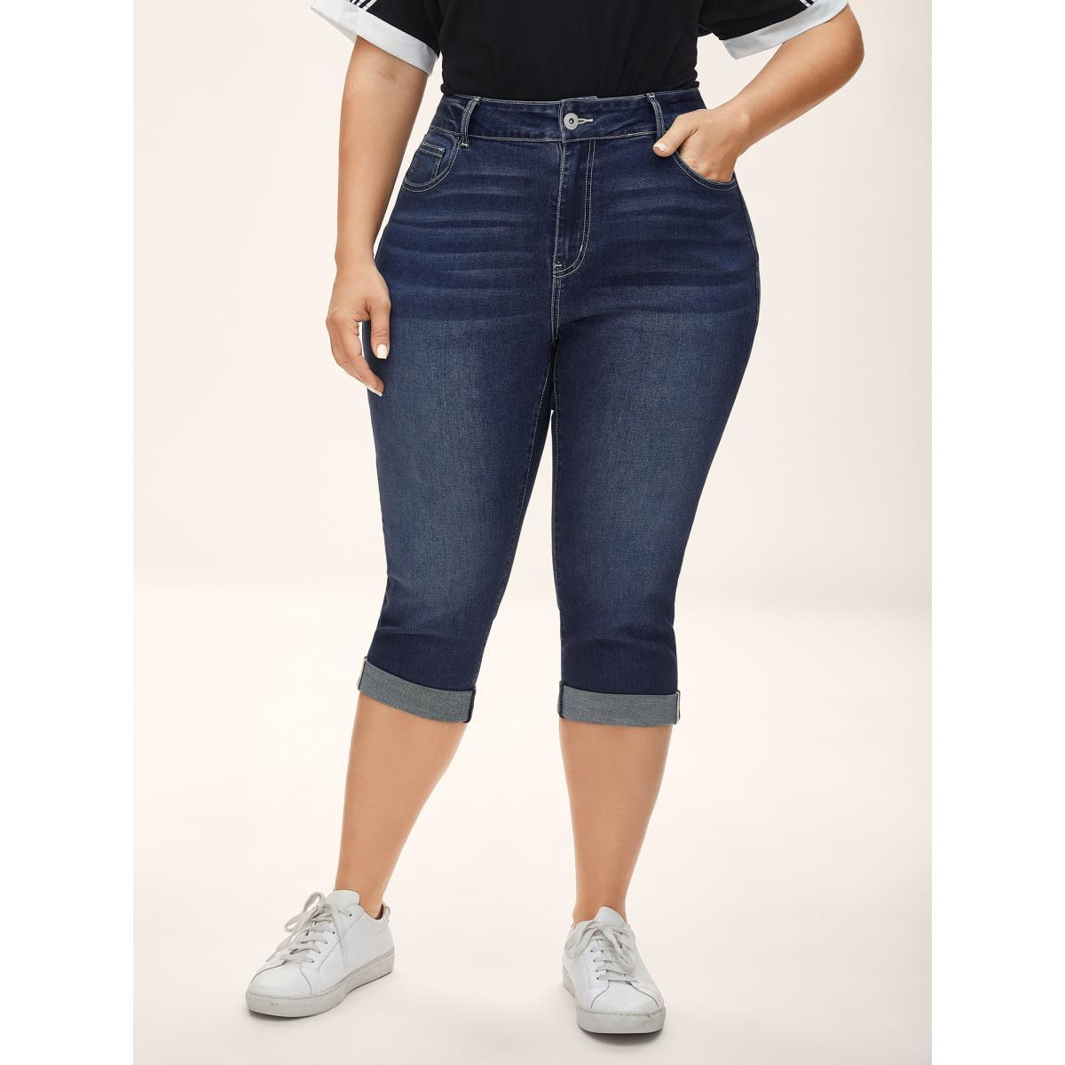 Plus Size Whiskered Wash Crop Skinny-Fit Jeans Women Darkindigo Medium stretch Slanted pocket Jeans BloomChic 14/1X Product Image