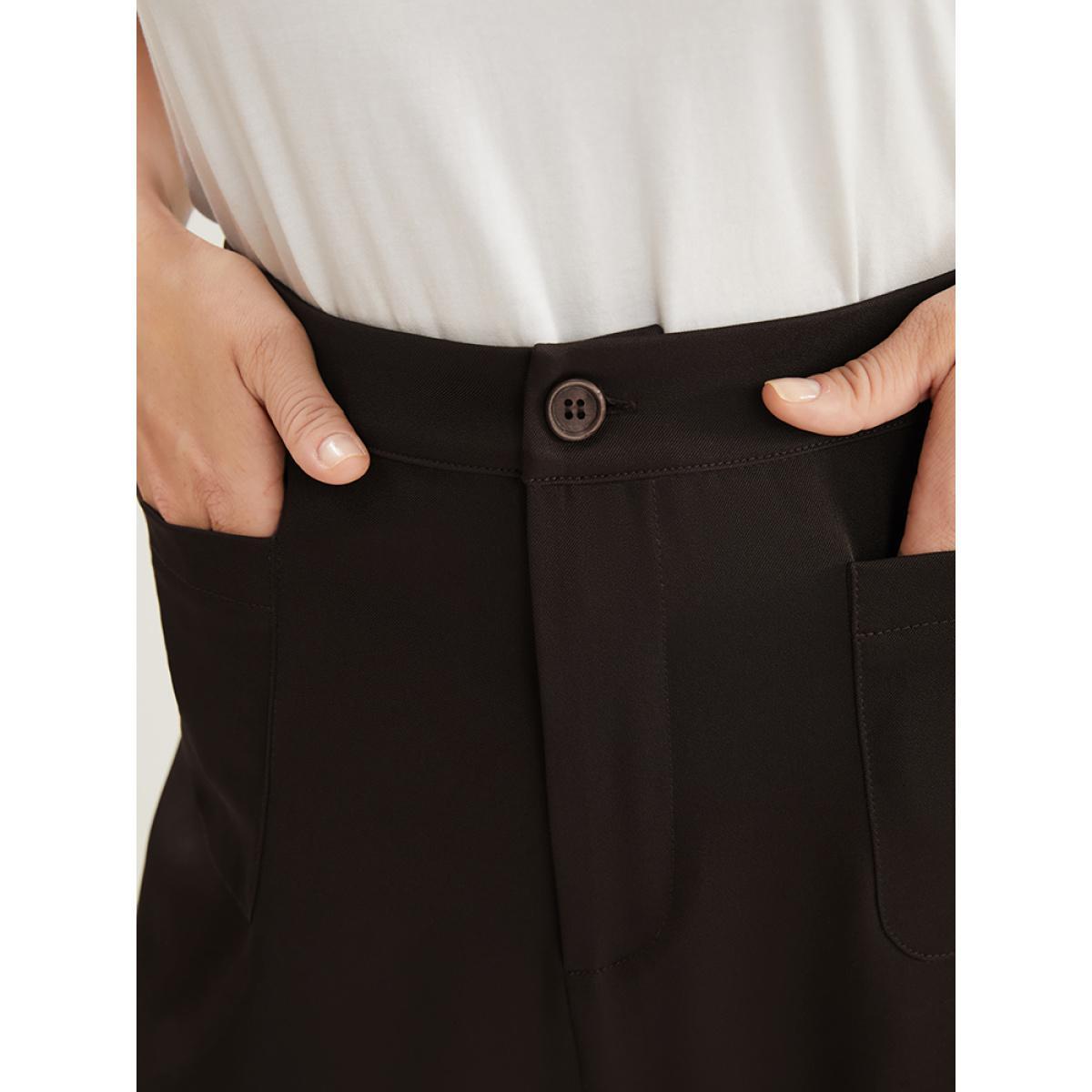 Plus Size Plain Pocket Front Wide Leg High Rise Pants Women DarkBrown Office Wide Leg High Rise Work Pants BloomChic 18-20/2X Product Image