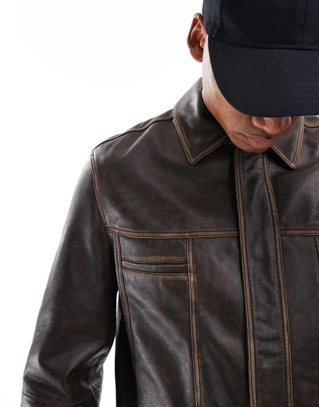 ASOS DESIGN premium real leather western jacket in brown Product Image