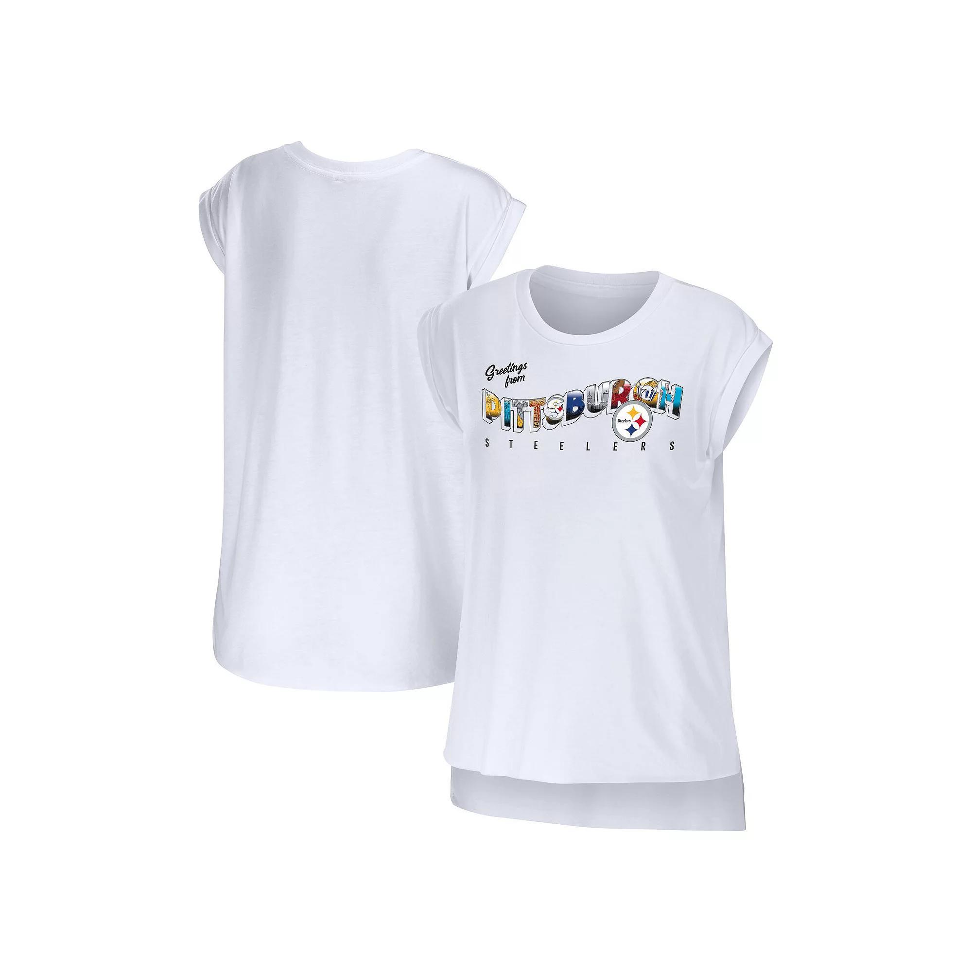 Women's WEAR by Erin Andrews White Pittsburgh Steelers Greetings From Muscle T-Shirt, Size: Small Product Image