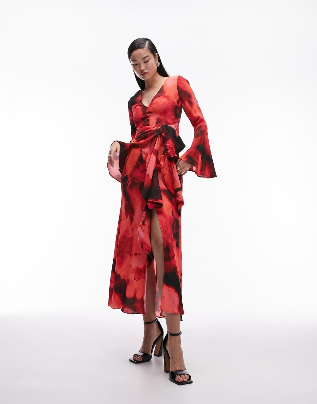 Topshop button down V-neck tie front midi dress Product Image