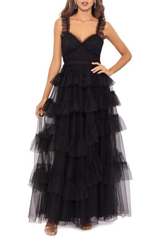 Betsy  Adam Mesh Tiered Ruffle Sleeveless Gown Product Image