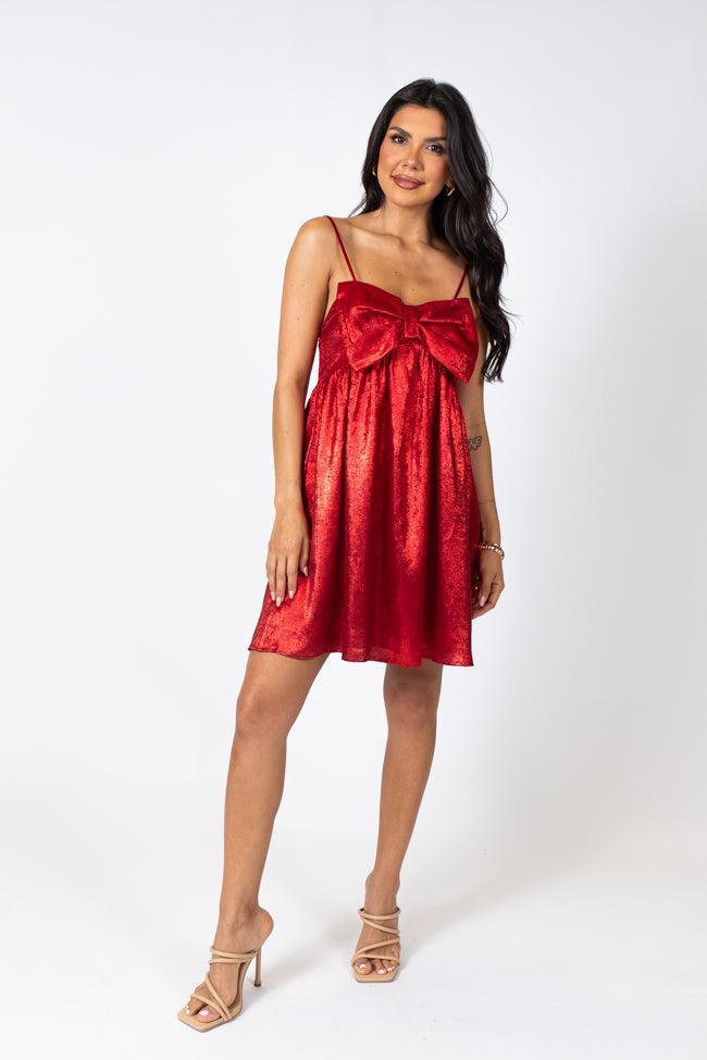 Tinsel and Tidings Light Red Bow Detail Mini Dress FINAL SALE Product Image