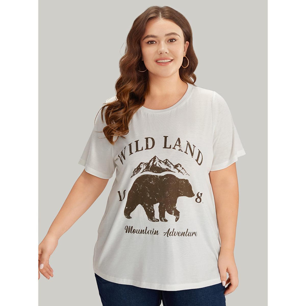 Plus Size Letter & Bear Round Neck Sleeve T-shirt White Women Casual Printed Animal Dailywear T-shirts BloomChic 28/5X Product Image