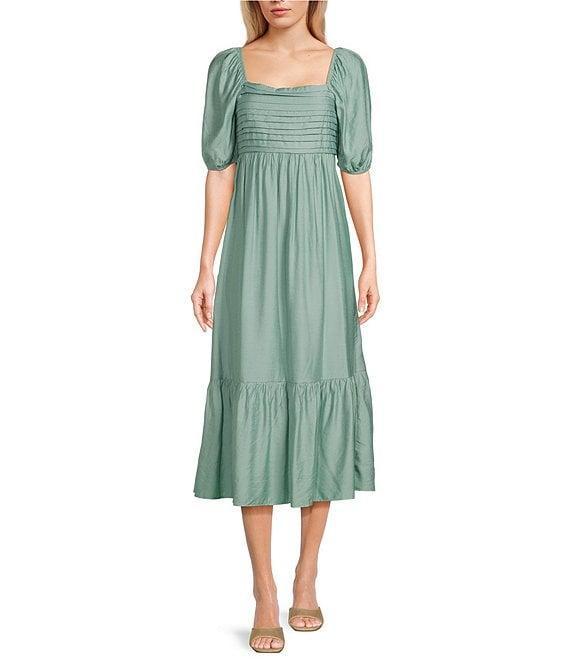 Blu Pepper Square Neck Short Puff Sleeve Pleated Midi Dress Product Image