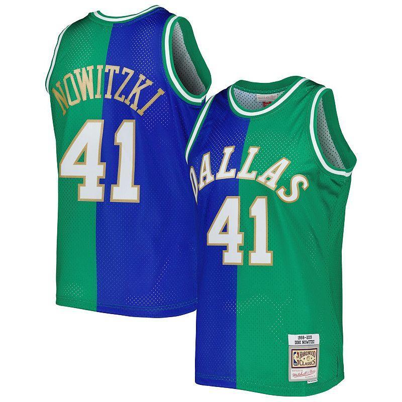 Men's Mitchell & Ness Dirk Nowitzki Blue/Green Dallas Mavericks Hardwood Classics 1998/2019 Split Swingman Jersey, Size: Medium Product Image