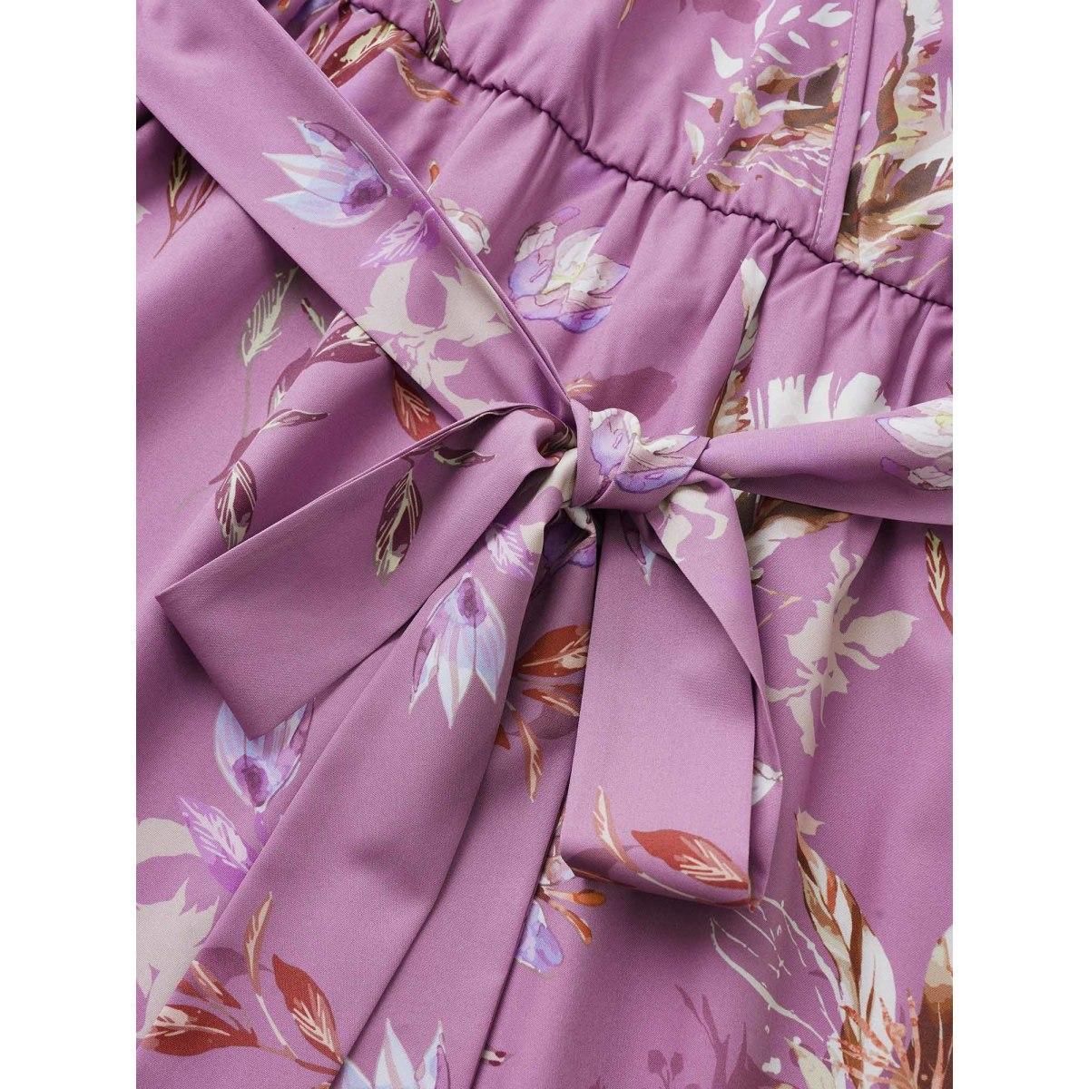 Plus Size Floral Print Pocket Wrap Belted Dress Lilac Women Elegant Non Overlap Collar Short sleeve Curvy Midi Dress BloomChic 18-20/2X Product Image