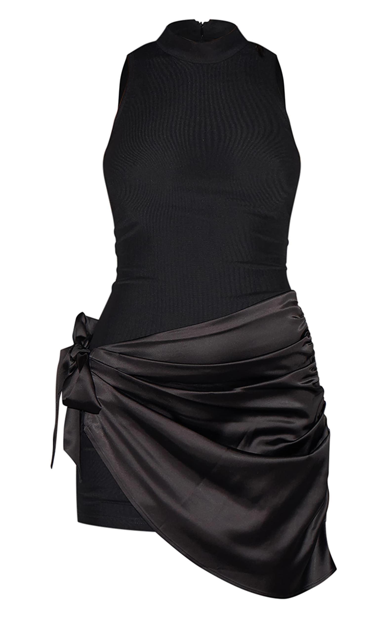 Black Woven High Neck Satin Drape Mini Dress Product Image