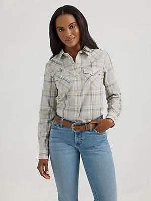 Women's Essential Long Sleeve Plaid Western Snap Top in Peachy Product Image