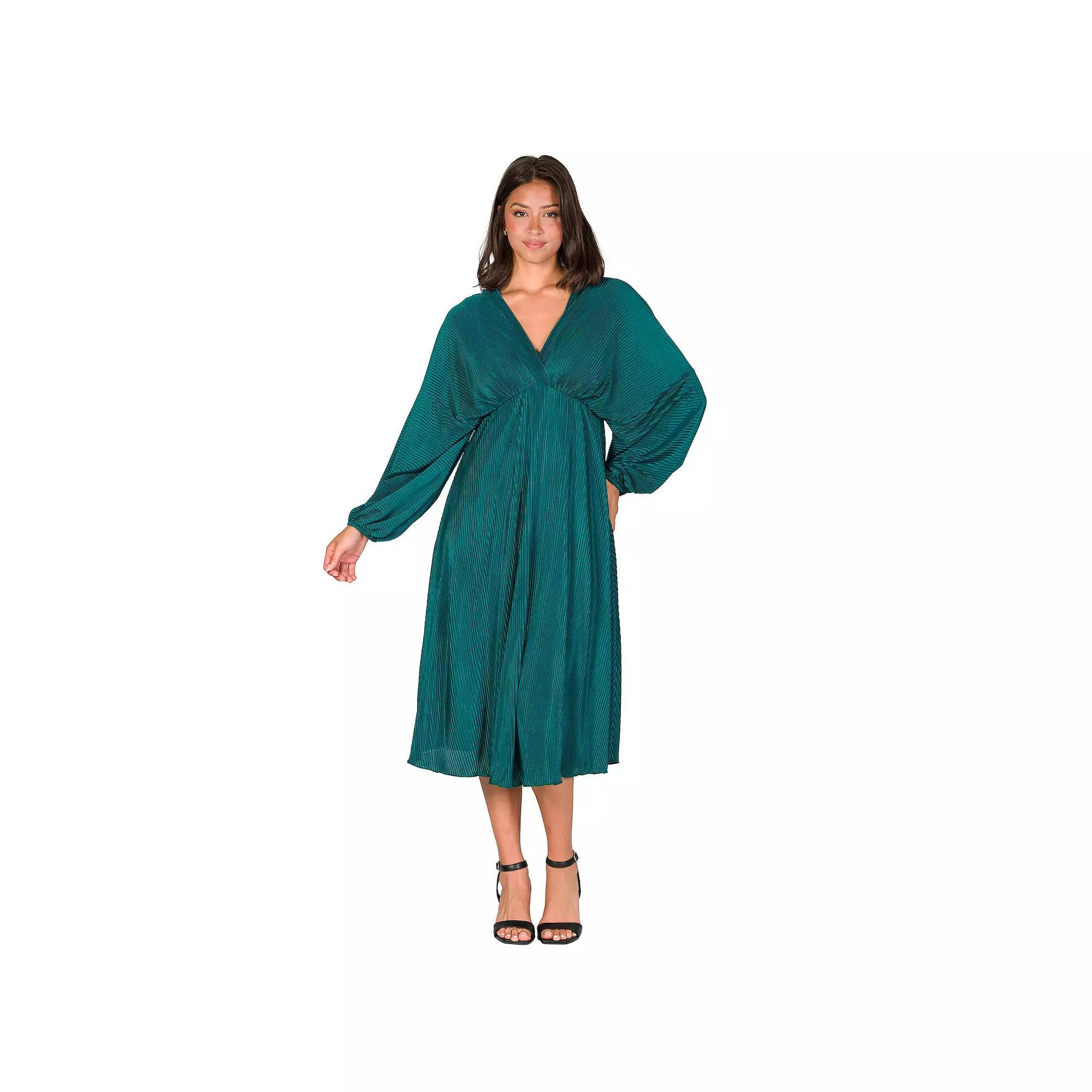 Women's 24Seven Comfort Apparel V-Neck Empire Waist Bishop Sleeve Midi Dress, Size: 1XL, Red Product Image
