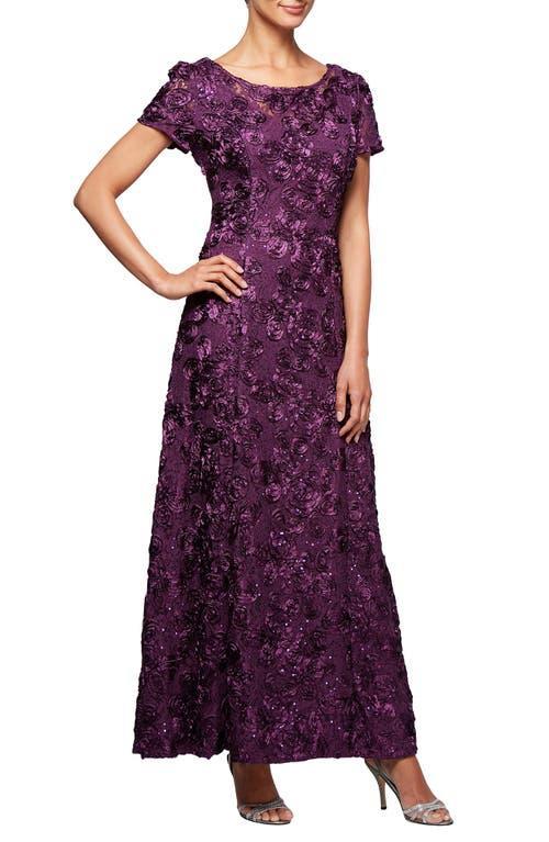 Alex Evenings Long A-Line Rosette Dress with Sequin Detail (Eggplant) Women's Dress Product Image