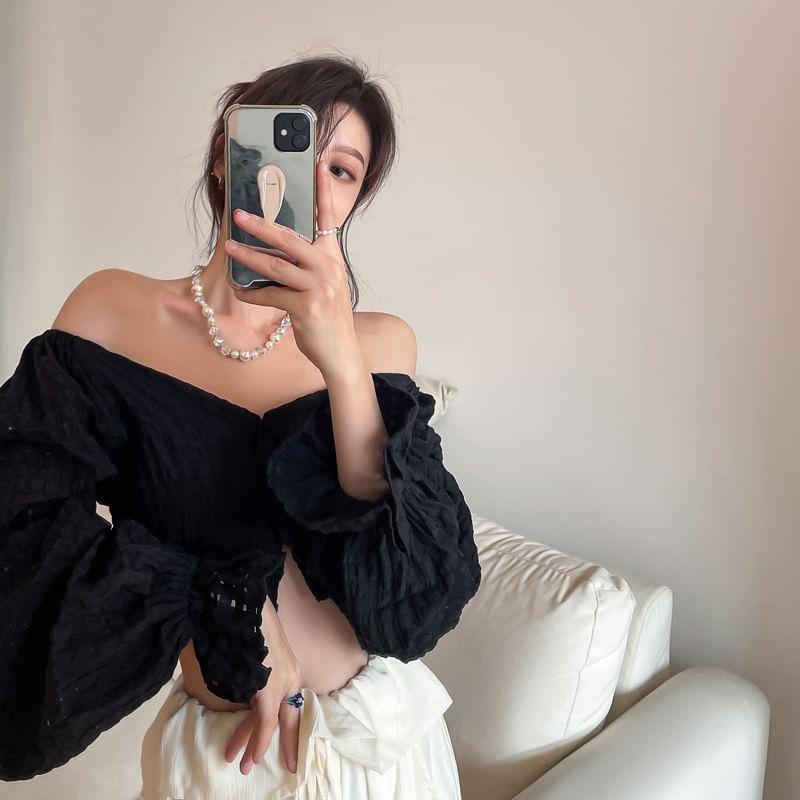 Bell-Sleeve Off-Shoulder Perforated Crop Blouse Product Image